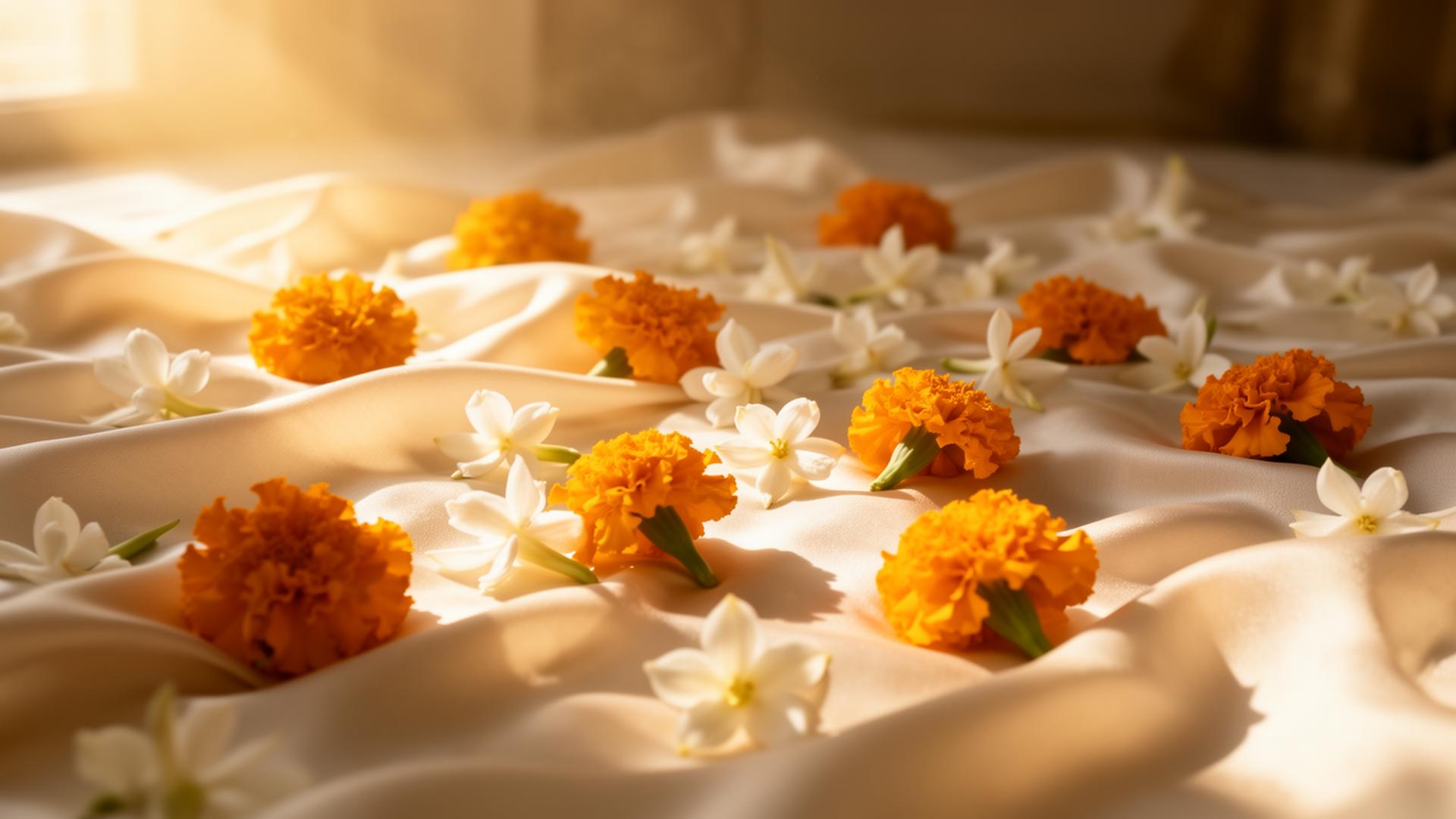 Marigold and jasmine on silk