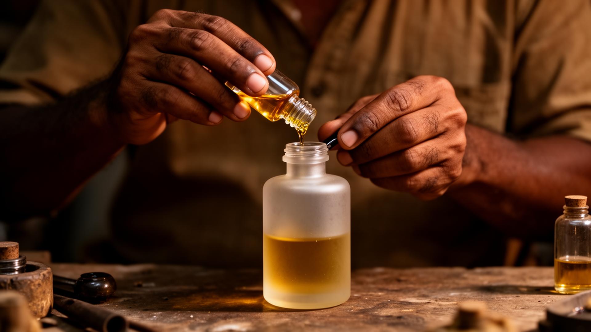 Hands of a perfumer pouring oil